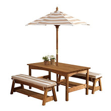 Load image into Gallery viewer, KidKraft 00 Outdoor Table and Bench Set with Cushions and Umbrella, Espresso with Oatmeal and White Striped Fabric