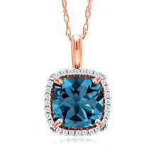 Load image into Gallery viewer, Gem Stone King 10K Rose Gold London Blue Topaz and White Diamond Pendant Necklace for Women (2.05 Cttw Cushion Cut 7MM, with 18 Inch Chain)