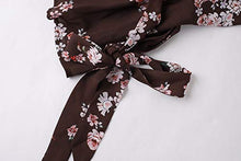 Load image into Gallery viewer, Womens Floral Chiffon Tops V Neck Bell Long Sleeve Shirts Ruffle Wrap Tie Waist Knot Blouses Brown