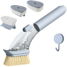 Load image into Gallery viewer, DAPOWER Soap Dispensing Dish Brush with Handle, Kitchen Washing Scrubber for Dishes Pots Pans Sink Cleaning, Natural Sisal Bristles, PET Bristles, Sponge Brush, 4 Replaceable Brush Heads (Grey)