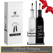 Load image into Gallery viewer, Farmhouse Oil and Vinegar Dispenser Set by Brighter Barns - Black & White Olive Oil Dispenser Bottle with Caddy Holder & Stainless Steel Spout - Cute Modern Vintage Glass Cruet for Kitchen -500ml 17oz