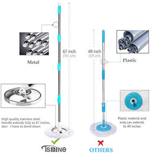 Load image into Gallery viewer, Tsmine Spin Mop Bucket System Stainless Steel Deluxe 360 Spinning Mop Bucket Floor Cleaning System with 6 Microfiber Replacement Head Refills,61"Extended Handle, 2x Wheel for Home Cleaning - MINT