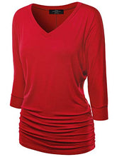 Load image into Gallery viewer, MBJ WT1036 Womens V Neck 3/4 Sleeve Dolman Top with Side Shirring S RED
