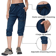 Load image into Gallery viewer, Women's Hiking Capris Pants Outdoor Zipper Pockets Lightweight Quick Dry, Workout Travel Cargo Pant Water Resistant Elastic Waist UPF 50 UV-Block Navy Blue