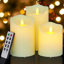 Load image into Gallery viewer, Flickering Flameless Candles Outdoor Waterproof Battery Operated Candle Led Candle Pillar Frosted Plastic Candle Set of 3 Include Realistic Dancing LED Flames and Remote Control (D:3.25"x H:4"5"6")