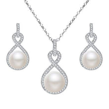 Load image into Gallery viewer, EleQueen 925 Sterling Silver CZ AAA Button Cream Freshwater Cultured Pearl Bridal Jewelry Necklace Earrings Set Ivory