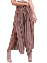 Load image into Gallery viewer, Simplee Women's Elegant Striped Split High Waisted Belted Flowy Wide Leg Pants, Rust Red Stripe, 4/6, Small