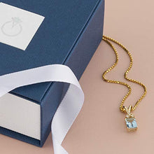 Load image into Gallery viewer, Peora Aquamarine with Genuine Diamond Pendant in 14 Karat Yellow Gold, Elegant Solitaire, Radiant Cut, 7x5mm