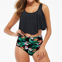 Load image into Gallery viewer, Women's Bikini Swimsuit with High Waisted Bottom Tankini Ruffled Flounce Top Two Piece Sets Bathing Flowy Suits Floral Printed Beach Ladies Plus Size Swimwear Black S