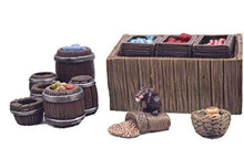 Load image into Gallery viewer, War World Gaming Fantasy Village Street Market Stall and Barrels Set – 28mm Heroic Scale Wargaming Terrain Model Diorama Scenery Wargame Tabletop Medieval Battle Wargame Battleboard