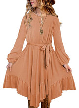 Load image into Gallery viewer, blibean Girl Fall Boho Dress Kid Long Sleeve Tween Bohemian A-Line Round Neck Child Dresses Solid Maxi Flowy Swing Clothes Size 8-9 Years Large Orange