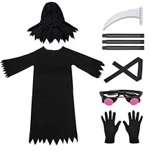 Load image into Gallery viewer, Grim Reaper Halloween Costume with Glowing Red Eyes for Kids, Scythe Included, Large Size(Age 12-14)