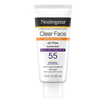 Load image into Gallery viewer, Neutrogena Clear Face Liquid Lotion Sunscreen for Acne-Prone Skin, Broad Spectrum SPF 55 with Helioplex Technology, Oil-Free, Fragrance-Free & Non-Comedogenic, 3 fl. oz