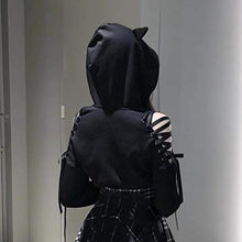 Load image into Gallery viewer, Aniywn Cute Hoodie Tops for Women Girls Cat Ear Pullover Tops Lace-up Cold Shoulder Lantern Sleeves Shirts Hooded Sweatshirt