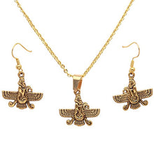 Load image into Gallery viewer, Asoodehdelan X-Small Double Sided Gold Pt Farvahar Necklace Earrings Set Iranian Persian Art Iran Farohar Gift (Necklace)