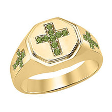 Load image into Gallery viewer, tusakha 14k Yellow Gold Plated Round Green Tourmaline 3 Crosses Wedding Band Ring for Men's.