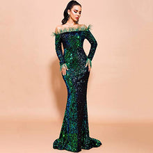 Load image into Gallery viewer, Lin Lin Q Sexy Off Shoulder Feather Long Sleeve Sequin Floor Length Evening Party Maxi Dress Green S