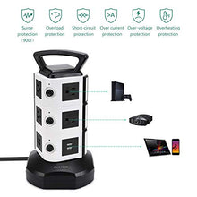 Load image into Gallery viewer, Power Strip Tower JACKYLED Surge Protector Electric Charging Station 3000W 13A 10 Outlets 4 USB Ports with 16AWG 6.5ft Heavy Duty Extension Cord for Home Office