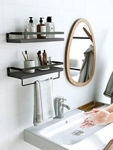 Load image into Gallery viewer, AMADA HOMEFURNISHING Wall Shelves, Floating Shelves for Bathroom, Kitchen, Bedroom, Bathroom Shelf with Towel Bar, Set of 2 Black-AMFS01B