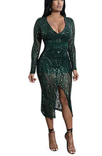 Load image into Gallery viewer, Womens Sequin Dress Geometric Tattoo Floral See Through Patchwork Bodycon Clubwear Mini Dress Dark Green Small/US 0-2