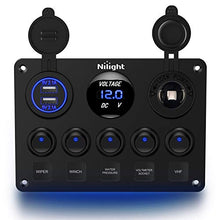 Load image into Gallery viewer, Nilight 90101E 5Gang Multi-Function 5 Gang Rocker Dual USB Charger + Digital Volmeter +12V Outlet Pre-Wired Switch Panel with Circuit Breakers for RV Car Boat Truck Trailer,2 Years Warranty