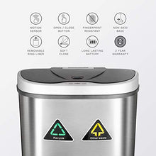 Load image into Gallery viewer, NINESTARS Automatic Touchless Infrared Motion Sensor Trash Can/Recycler with D Shape Silver/Black Lid & Stainless Base, 18 Gal, Stainless Steel