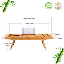 Load image into Gallery viewer, Hossejoy Bathtub Caddy Tray& Laptop Desk with Foldable Legs, 2 in 1 Wisdom Design – Luxurious Bathtub Caddy with Extending Sides, Tablet Holder, Reading Rack,Cellphone Tray and Wine Glass Holder