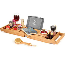 Load image into Gallery viewer, FITNATE Luxury Bathtub Tray, Wooden Bathtub Tray with Extendable Sizes, Adjustable, Non-Slip & Durable, Bathtub Tray Caddy with Wooden Body Brush,Wine Glass Slot, Phone Tray, Book Holder