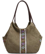 Load image into Gallery viewer, Worldlyda Women Canvas Hobo Purse Multi Pocket Tote Shopper Shoulder Bag Casual Top Handle handbag with Embroidery Ethnic (Upgraded Army Green)