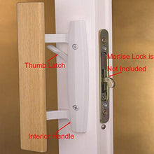 Load image into Gallery viewer, Mortise Style Reversible Sliding Patio Door Handle Set with Oak Wood Interior Handle and Exterior Pull in White Diecast Finish Fits 3-15/16” Screw Hole Spacing, Non-keyed with Latch Locks (White)
