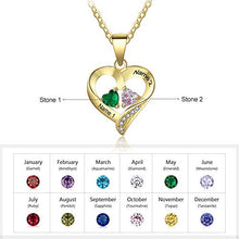Load image into Gallery viewer, Love Jewelry Personalized 2 Names Necklace with 2 Heart Simulated Birthstone Couple Pendant Necklace for Women (Gold)
