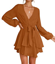 Load image into Gallery viewer, ZESICA Women's Casual V Neck Dress Long Sleeve Wrap Tie Waist Ruffle Hem Cocktail Wedding Party Swing Mini Dresses,Brown,X-Large