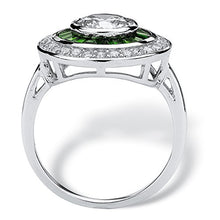 Load image into Gallery viewer, Platinum over Sterling Silver Round Cubic Zirconia and Baguette Green Simulated Emerald Halo Ring Size 7
