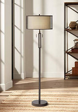 Load image into Gallery viewer, Turnbuckle Modern Industrial Floor Lamp Bronze Metal Screen and Off White Linen Double Drum Shades for Living Room Office - Franklin Iron Works