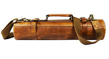 Load image into Gallery viewer, Leather Knife Roll Storage Bag, Elastic and Expandable 10 Pockets, Adjustable/Detachable Shoulder Strap, Travel-Friendly Chef Knife Case Roll By Aaron Leather (Caramel, Leather)
