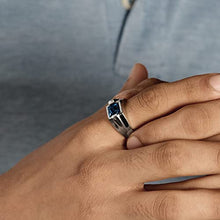 Load image into Gallery viewer, Diamond Accent Blue Topaz Men�s Ring in 925 Sterling Silver, Men�s 8mm Genuine Blue Topaz and Diamond Accent Polished Shank Ring, Modern Silver Blue Topaz Ring for Men, SZ-10