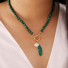 Load image into Gallery viewer, Vivilly Boho Rhinestones Pearl Necklaces Gold Leaf Malachite Drop Pendant Chain Bohemian Fashion Necklace Jewerly for Women and Girls