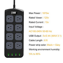 Load image into Gallery viewer, Power Strip Surge Protector 1875W/15A - 8 AC Outlets 3.1A 4 USB Ports 6 Feet Long Extension Cord, Mountable Power Outlet for Flat Plug Phone iPad PC Laptop Home,Office & Hotel - Black