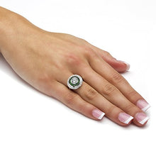 Load image into Gallery viewer, Platinum over Sterling Silver Round Cubic Zirconia and Baguette Green Simulated Emerald Halo Ring Size 7