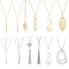 Load image into Gallery viewer, CASSIECA 12 Pcs Long Pendant Necklace for Women Leaf Bar Y-Shaped Tassel Triangle Statement Necklace Long Chain Simple Layer Sweater Necklace Set