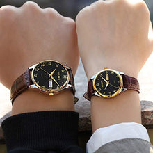 Load image into Gallery viewer, OLEVS Couples Leather Watches for Men and Women Lover Wedding Gifts Set of 2,His and Hers Business Casual Dress Black Dial Day Date Analog Quartz Wrist Watch Waterproof Luminous with Retro Band Brown