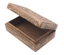 Load image into Gallery viewer, DharmaObjects Hamsa Hand of Fatima Hand Carved Jewelry Trinket Keepsake Wooden Storage Box (Fatima Hand, Large)