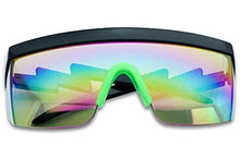 Load image into Gallery viewer, Large Wrap Around Rainbow Mirrored Semi Rimless Flat Top Shield Goggles Sunglasses (Black Green Frame | Rainbow Mirror)