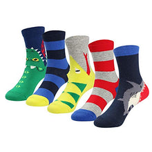 Load image into Gallery viewer, COTTON DAY Boys Fun Novelty Design Socks Bright Colors Pack of 5 (sharks L: Shoe Size 13.5-3.5)