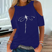 Load image into Gallery viewer, Womens Summer Cold Shoulder Short Sleeve Tops Fashion Crewneck Loose Fit Tee Shirts Casual Dragonfly Print Blouses Blue