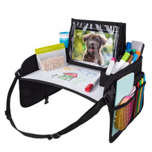 Load image into Gallery viewer, Lusso Gear: Kids Travel Tray with Dry Erase Board, No-Drop Tablet Holder, Lap Desk for Traveling with Cup Holder, Snack and Toy Storage Pockets, Fits Airplane and Booster Seats (Black)