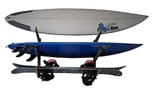 Load image into Gallery viewer, COR Surf Wooden Surfboard Wall Mount for Surf Boards, Snowboards, Skateboards, Kiteboards and Wakeboards, Triple Tier Surf Board Display Holder, Made of Sustainable Bamboo (24 x 4 x 4 Inches)