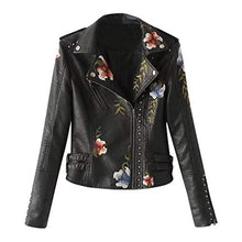 Load image into Gallery viewer, Ultramall Leather Jacket Women Casual Long Sleeve Embroidered Studded Zipper Slim Black Motorcycle Jacket Short Coat