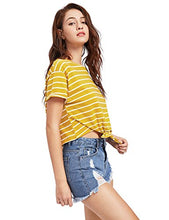Load image into Gallery viewer, ROMWE Women's Knot Front Long Sleeve Striped Crop Top Tee T-shirt, Yellow & White, Small / US 0-2