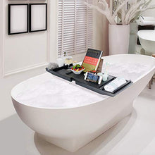 Load image into Gallery viewer, ROYAL CRAFT WOOD Luxury Bamboo Bathtub Caddy Tray with Book and Wine Holder - One or Two Person Bath and Bed Tray with Extending Sides - Free Soap Dish (Black)